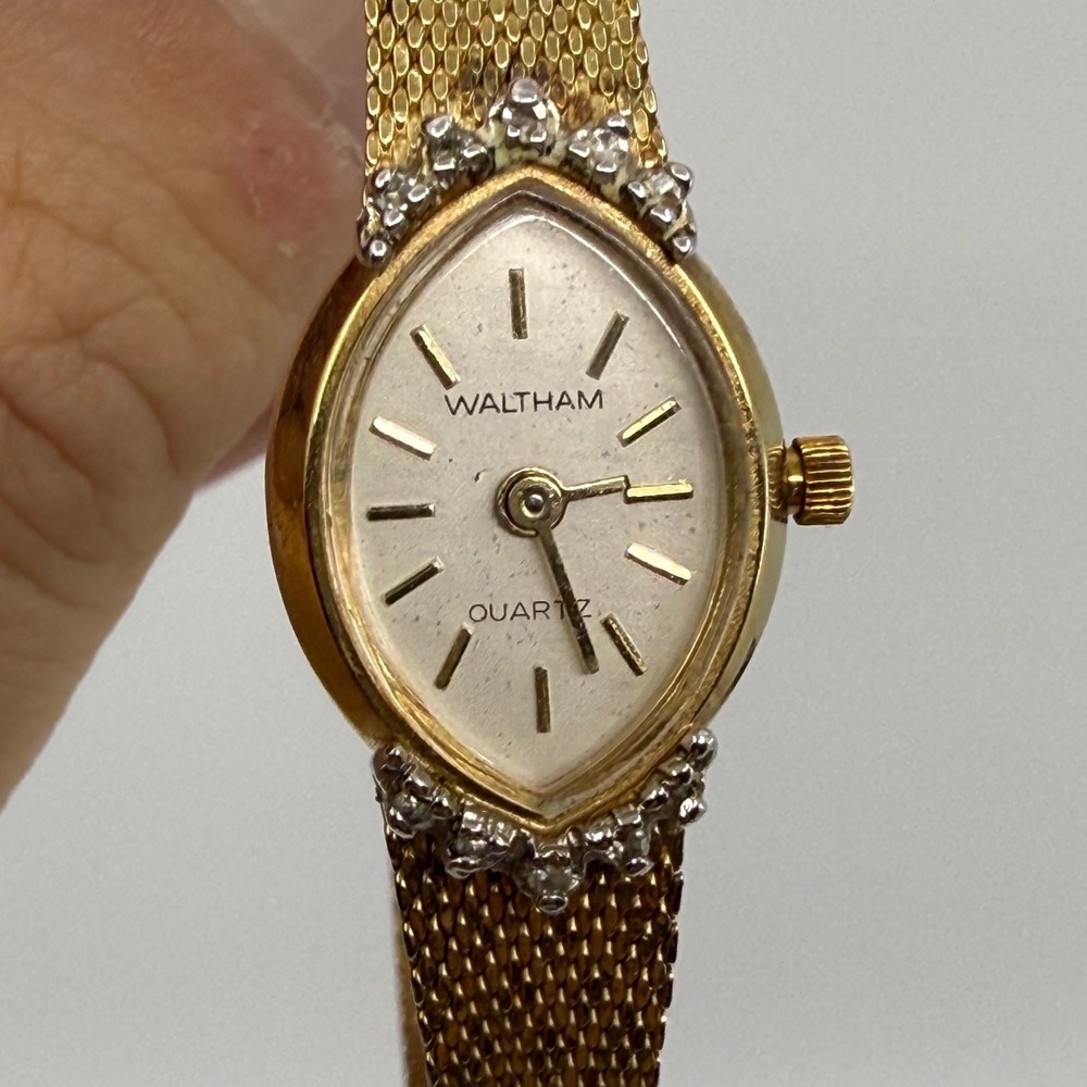 Waltham Quartz Ladies Watch Gold Tone Band Marquise Case Crystal Needs Battery